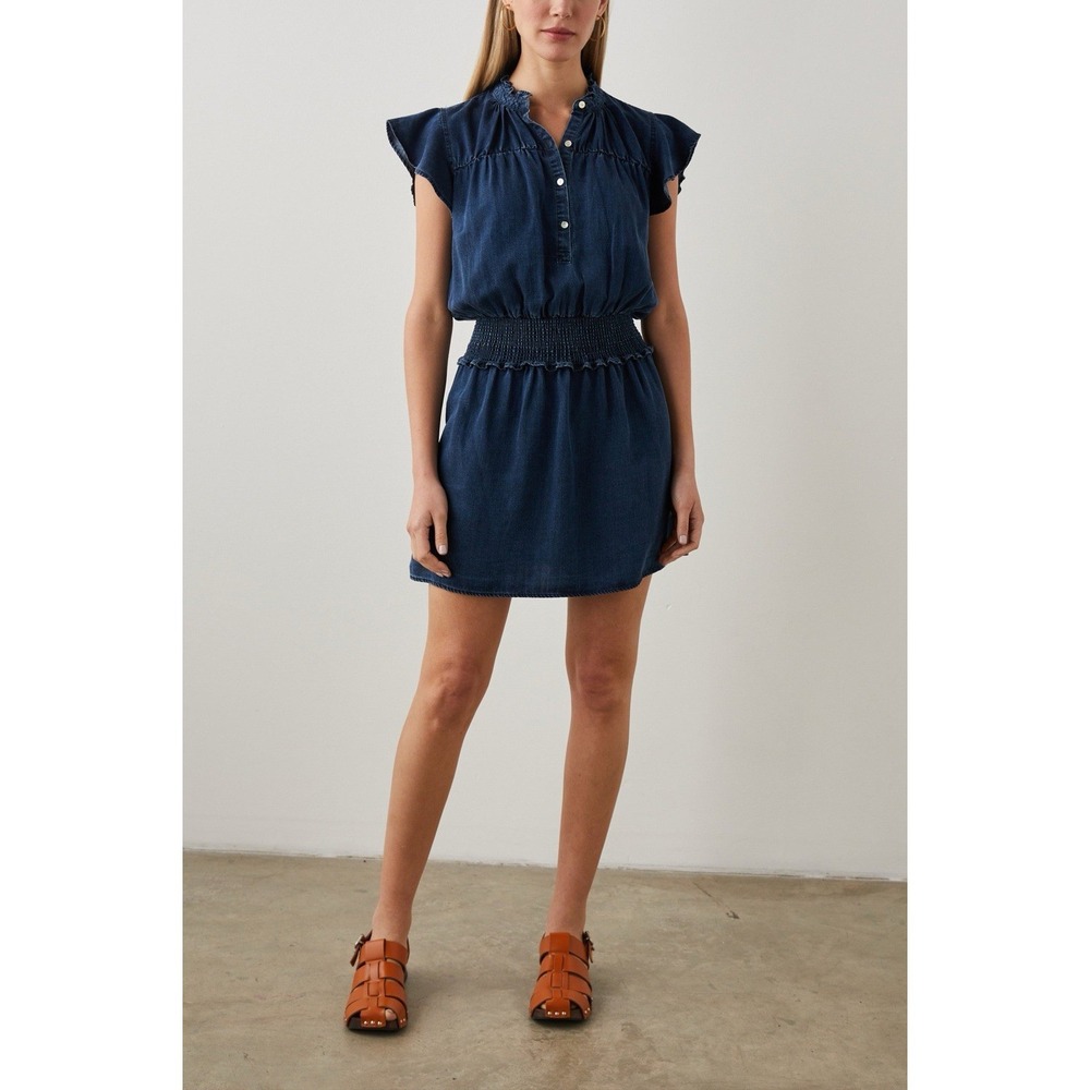 Rails Amina Denim Mini Dress Tencel Dark Wash Smocked Waist L NWOT. Retail $210 - Picture 4 of 11